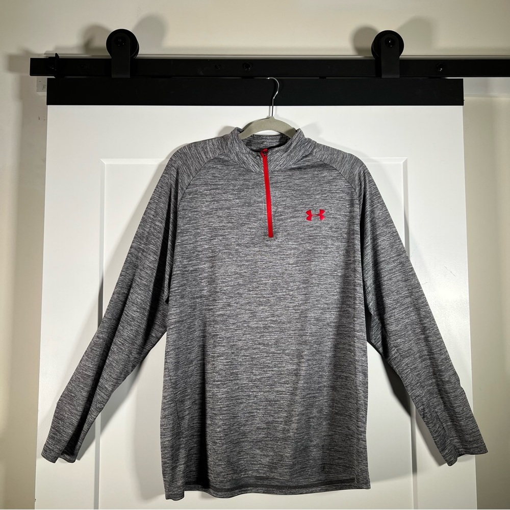 Grey and Red Under Armor Heatgear Quarterzip Large